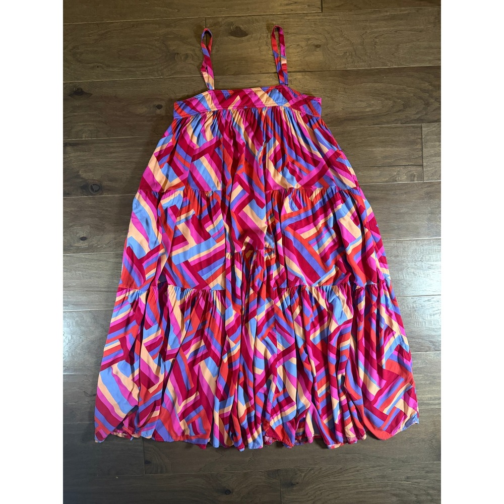 Abel the Label Pink Geometric Abstract Tiered Maxi Dress Womens Small‎ Pockets